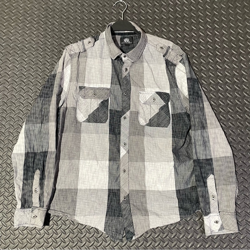 Rock & Republic Black and White Plaid Button-Up Rockabilly Shirt Men’s Large